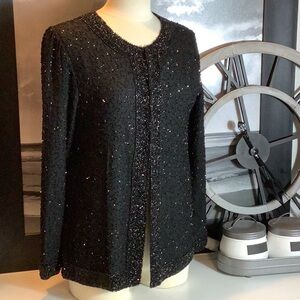 Vintage Laurence Kazar Black Beaded Silk Evening Cocktail Long Sleeve Jacket S